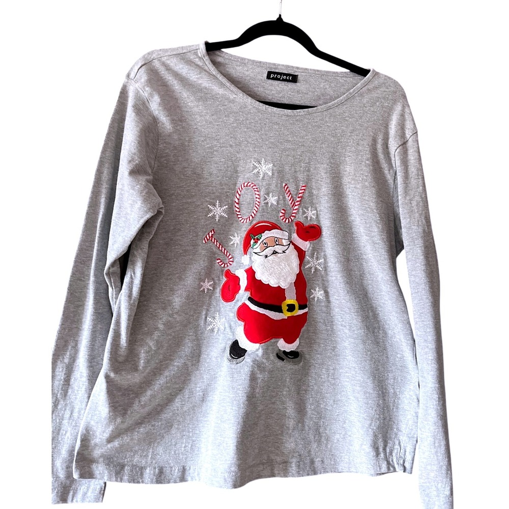 Project Womens Gray Long‎ Sleeve Santa Candy Cane Joy Christmas Top EUC Size M